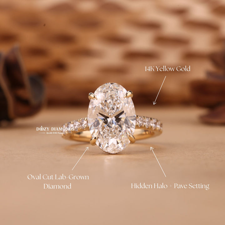 3.0CT-4.0CT Oval Cut F/VS1 Hidden Halo Lab Grown Diamond Engagement Ring