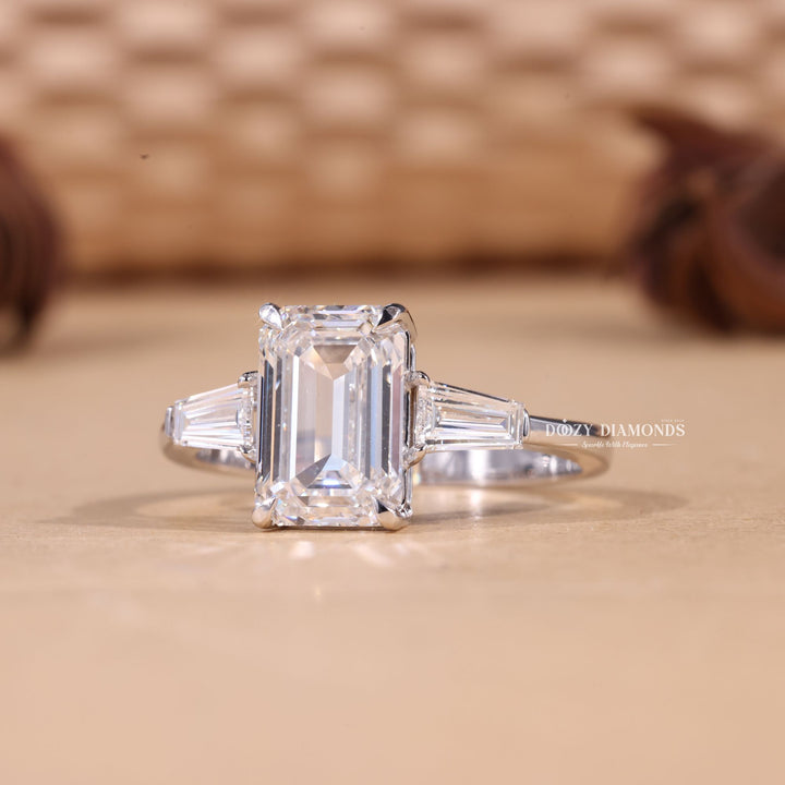 3.0CT-4.0CT Emerald Cut F/VS1 Lab Grown Three Stone Diamond Engagement Ring