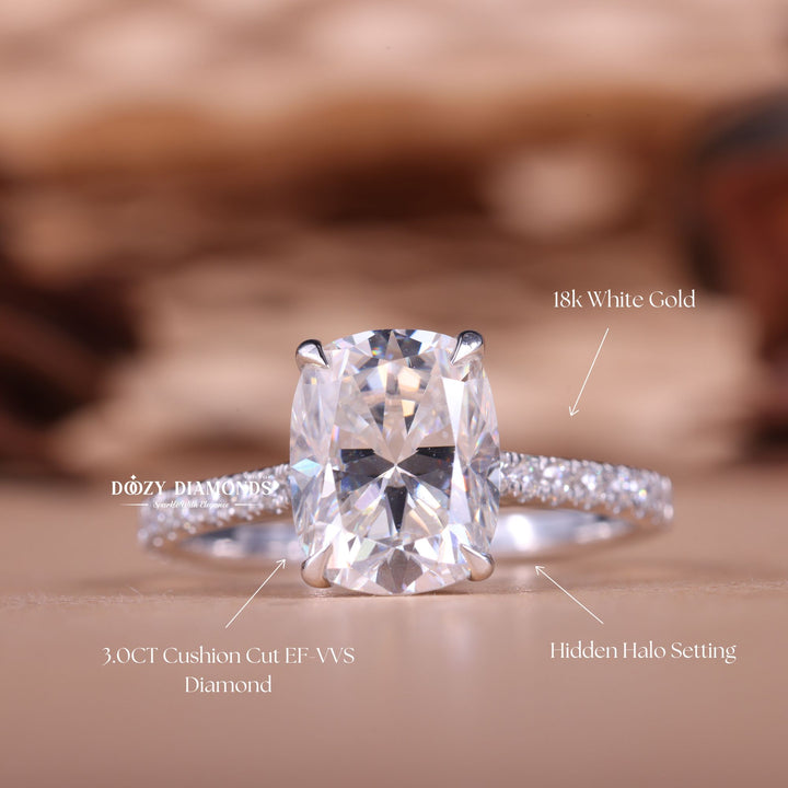 2.0CT-4.0CT Cushion E/VS1 Hidden Halo Lab Grown Engagement Ring