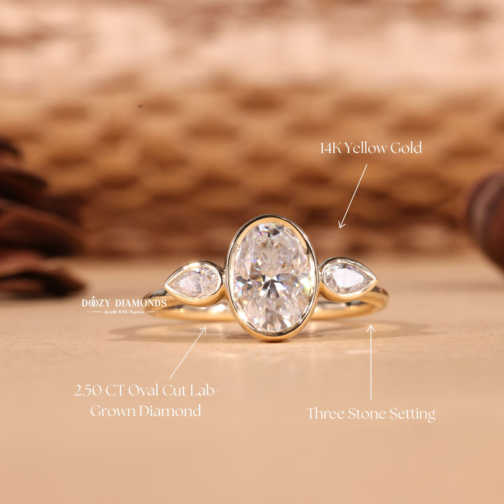 3.0CT-4.0CT Bezel Set Oval Cut F/VS1 Lab Grown Diamond Trilogy Engagement Ring