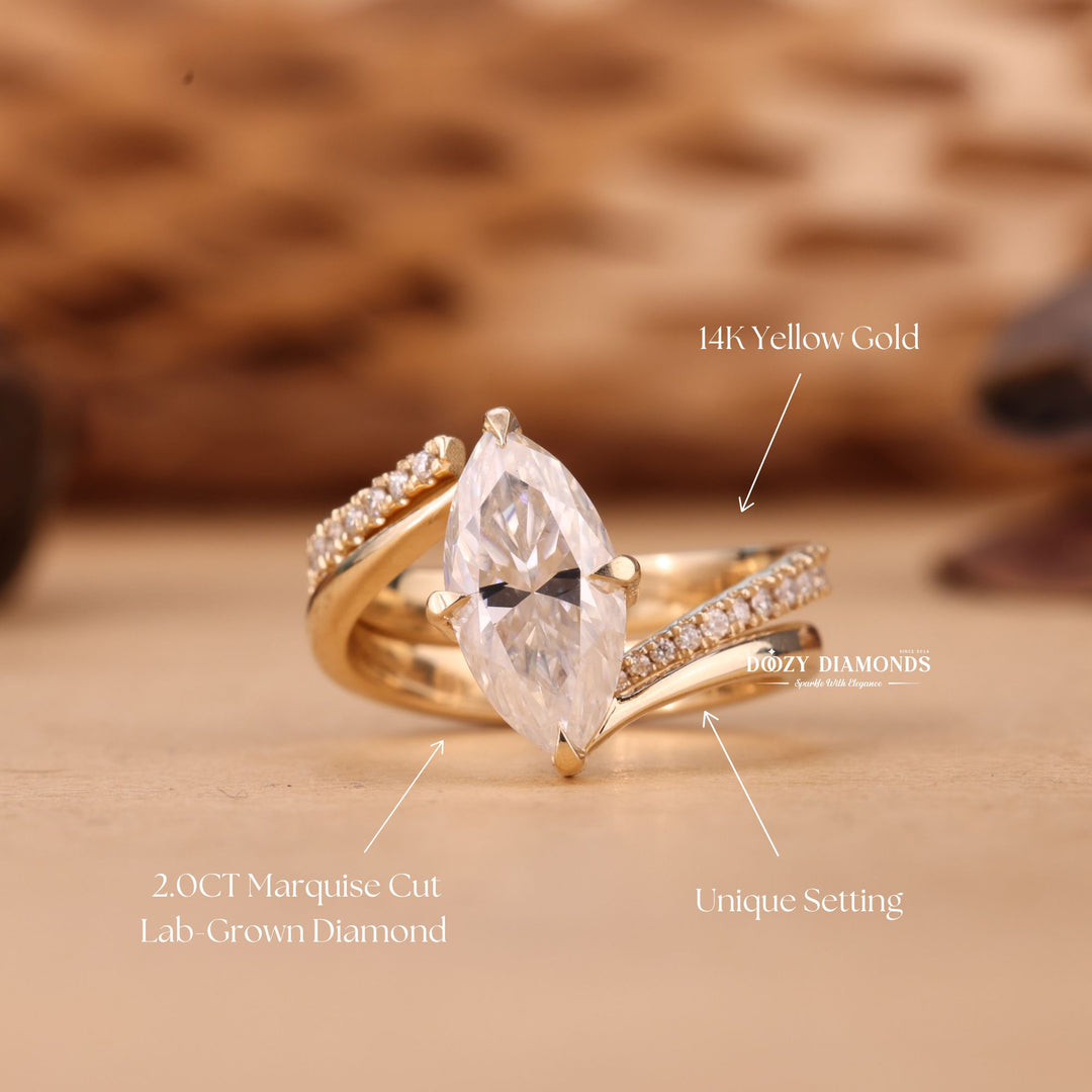 2.0CT Marquise Cut EF-VS2 Lab Grown Unique Engagement Ring with Open Wedding Band