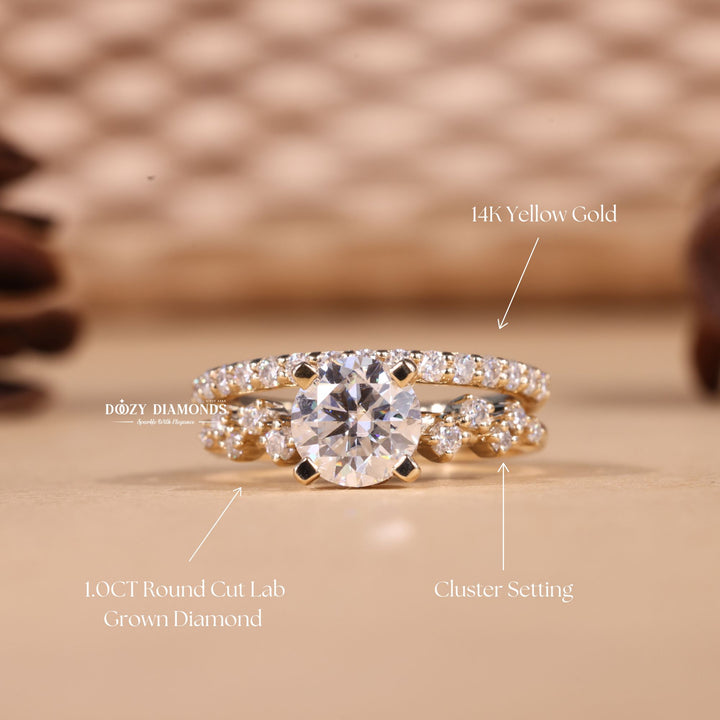 1.0CT Round Cut EF-VS2 Lab Grown Cluster Engagement Ring with Stacking Band