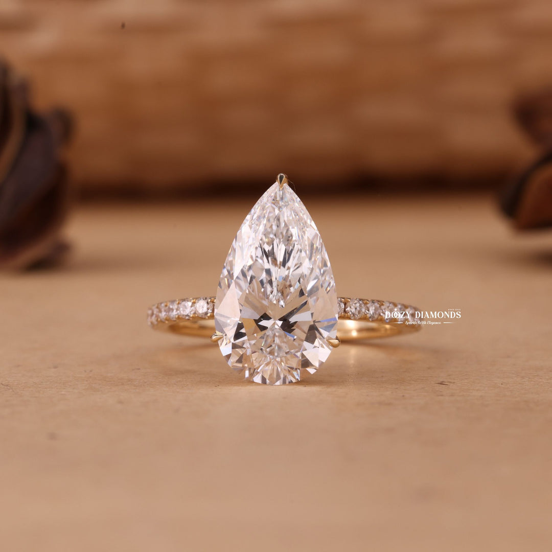 3.50CT-4.50CT Pear Cut E/VS2 Lab Grown Diamond Hidden Halo Engagement Ring