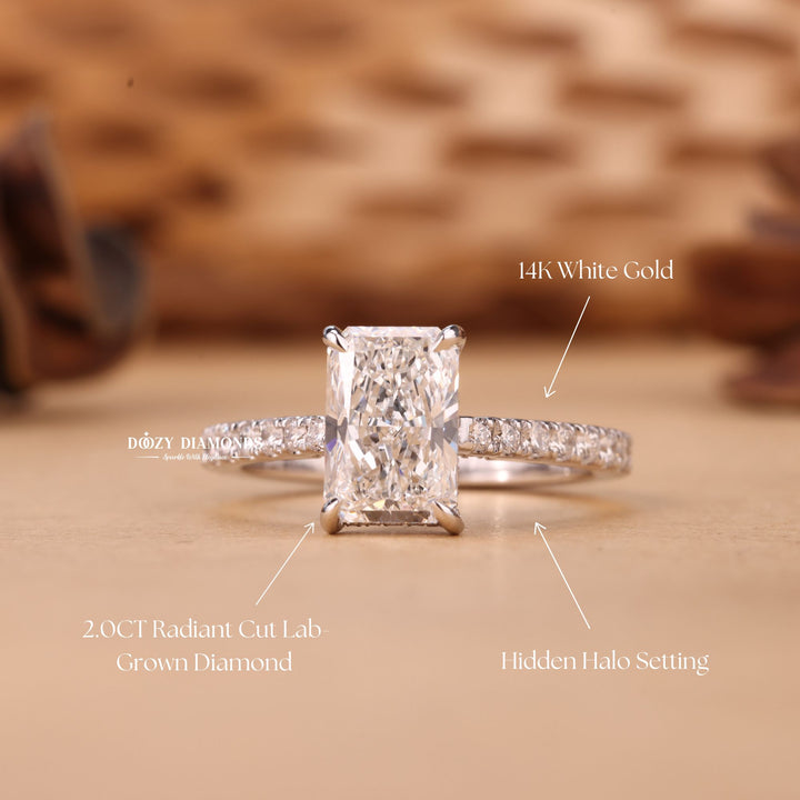 1.50CT-2.50CT Radiant Cut F/VS2 Lab Grown Diamond Hidden Halo Engagement Ring