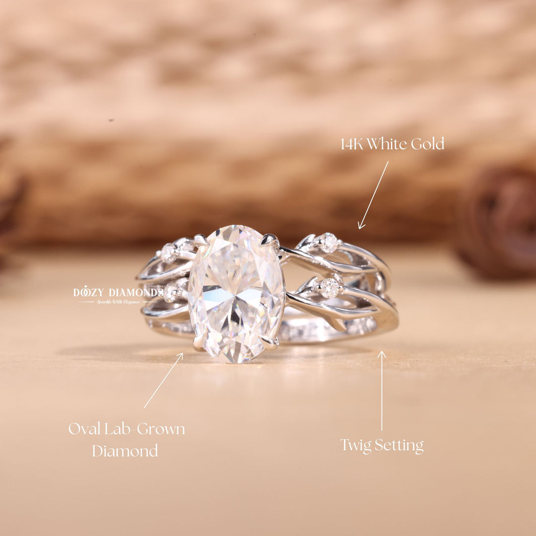 2.50CT Oval Cut EF-VS2 Lab Grown Twig Engagement Ring with Stacking Wedding Band