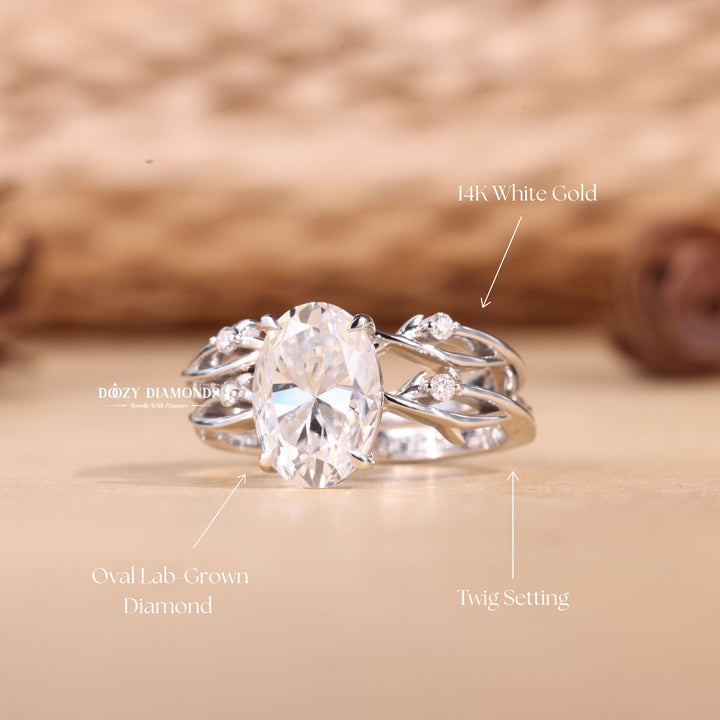 2.50CT Oval Cut EF-VS2 Lab Grown Twig Engagement Ring with Stacking Wedding Band
