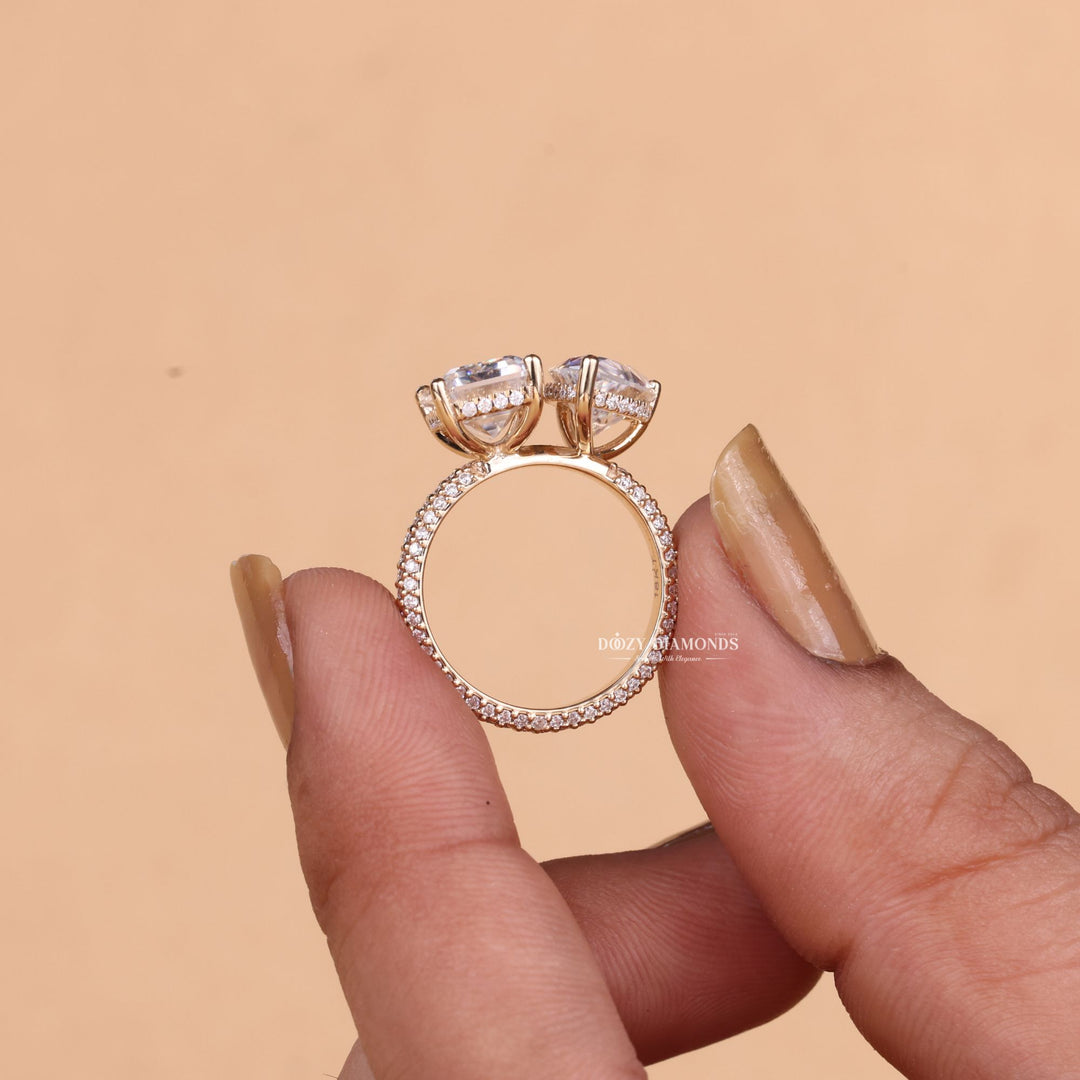 Pear & Emerald Cut Lab Grown Toi et Moi Diamond F/VS1 Micro Pave Engagement Ring
