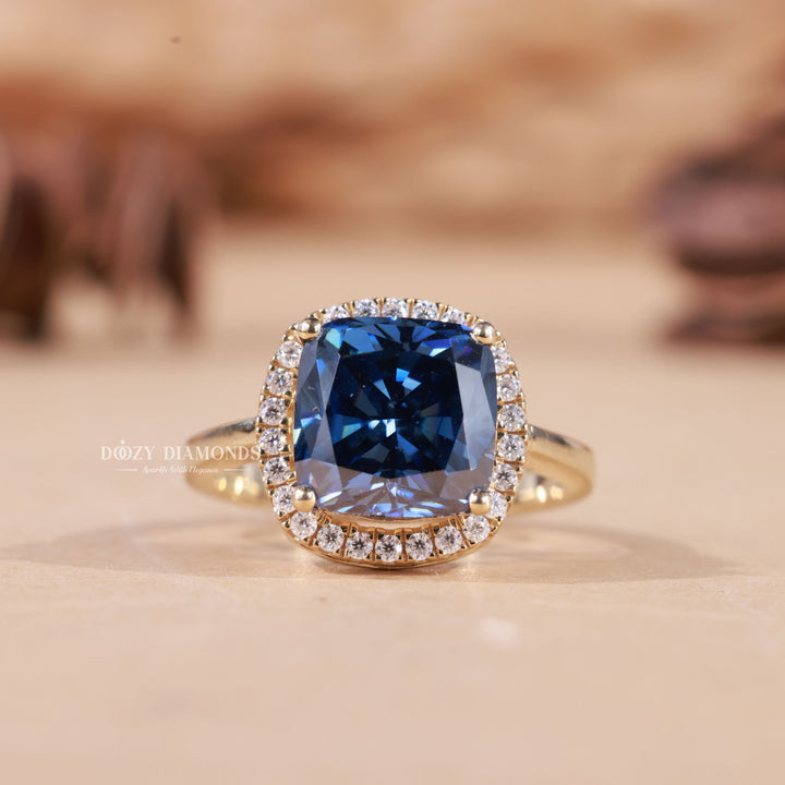 Royal Blue Cushion Cut Lab Grown E/VS2 Halo Diamond Engagement Ring