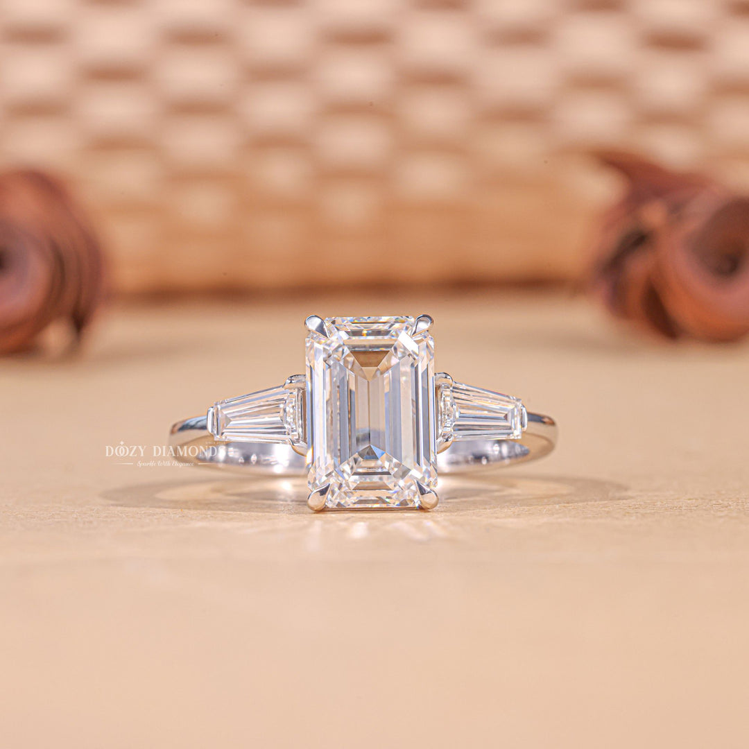 3.0CT - 4.0CT Emerald Cut F/VS1 Lab Grown Three Stone Diamond Engagement Ring - Doozy Diamonds
