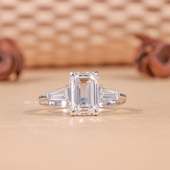 3.0CT - 4.0CT Emerald Cut F/VS1 Lab Grown Three Stone Diamond Engagement Ring - Doozy Diamonds