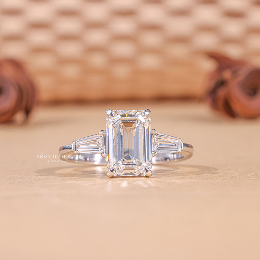 3.0CT - 4.0CT Emerald Cut F/VS1 Lab Grown Three Stone Diamond Engagement Ring - Doozy Diamonds