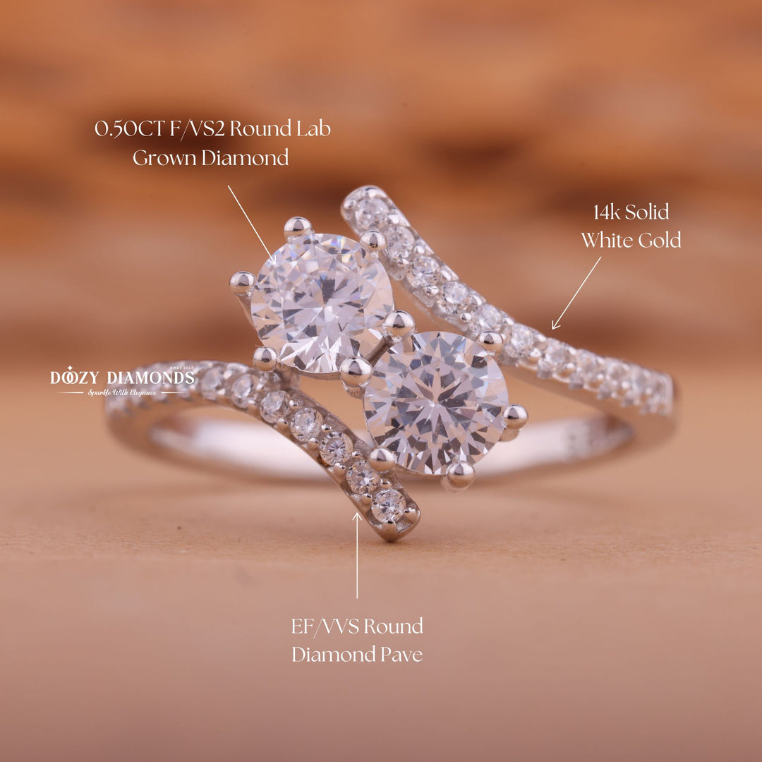 1.0CT Round CVD F/VS2 Diamond Two Stone Bypass Engagement Ring