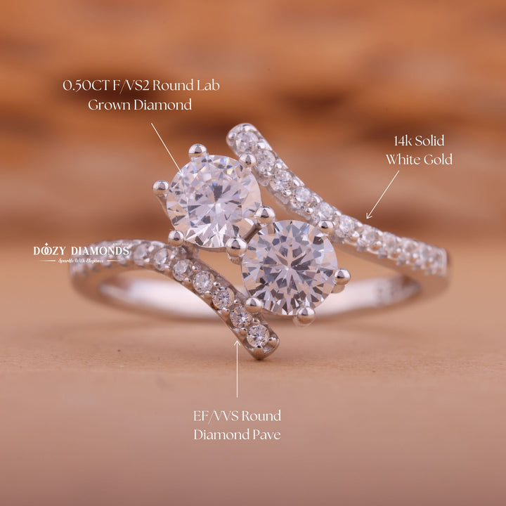 1.0CT Round CVD F/VS2 Diamond Two Stone Bypass Engagement Ring