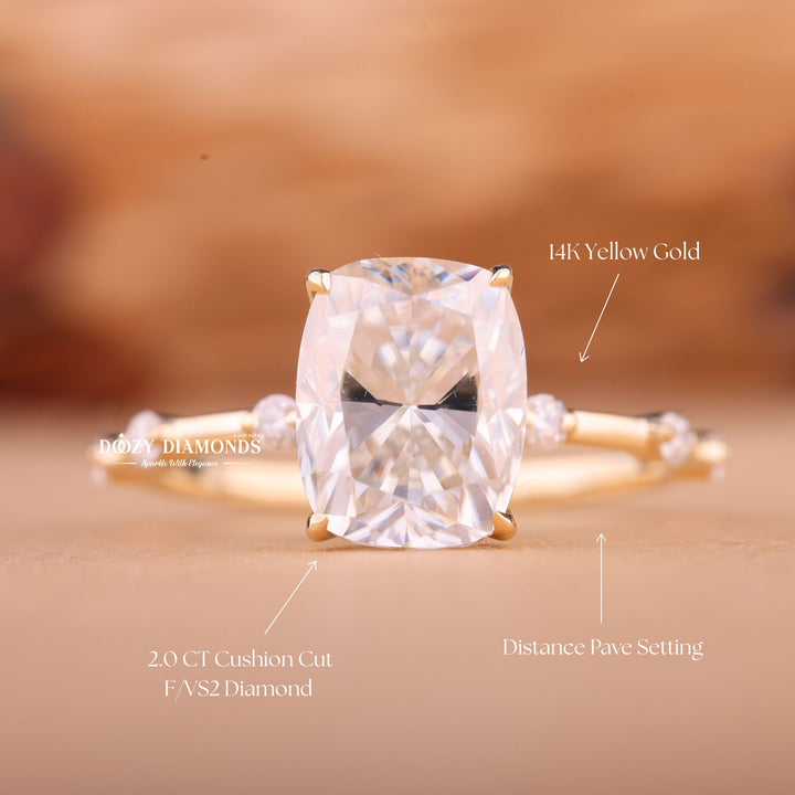 2.0CT-3.0CT Cushion E/VS2 Lab Grown Diamond Distance Pave Engagement Ring