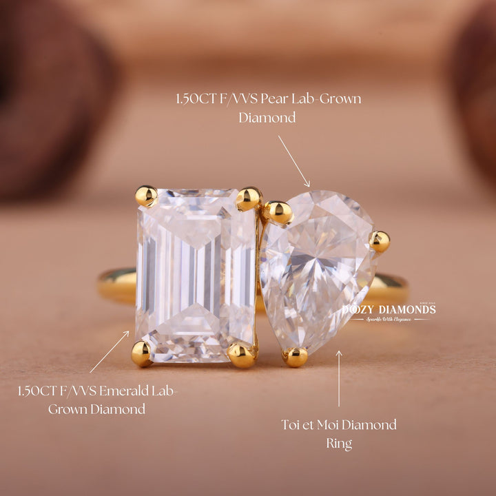 1.0CT-2.0CT Pear & Emerald F/VS1 Lab Grown Diamond Two Stone Engagement Ring