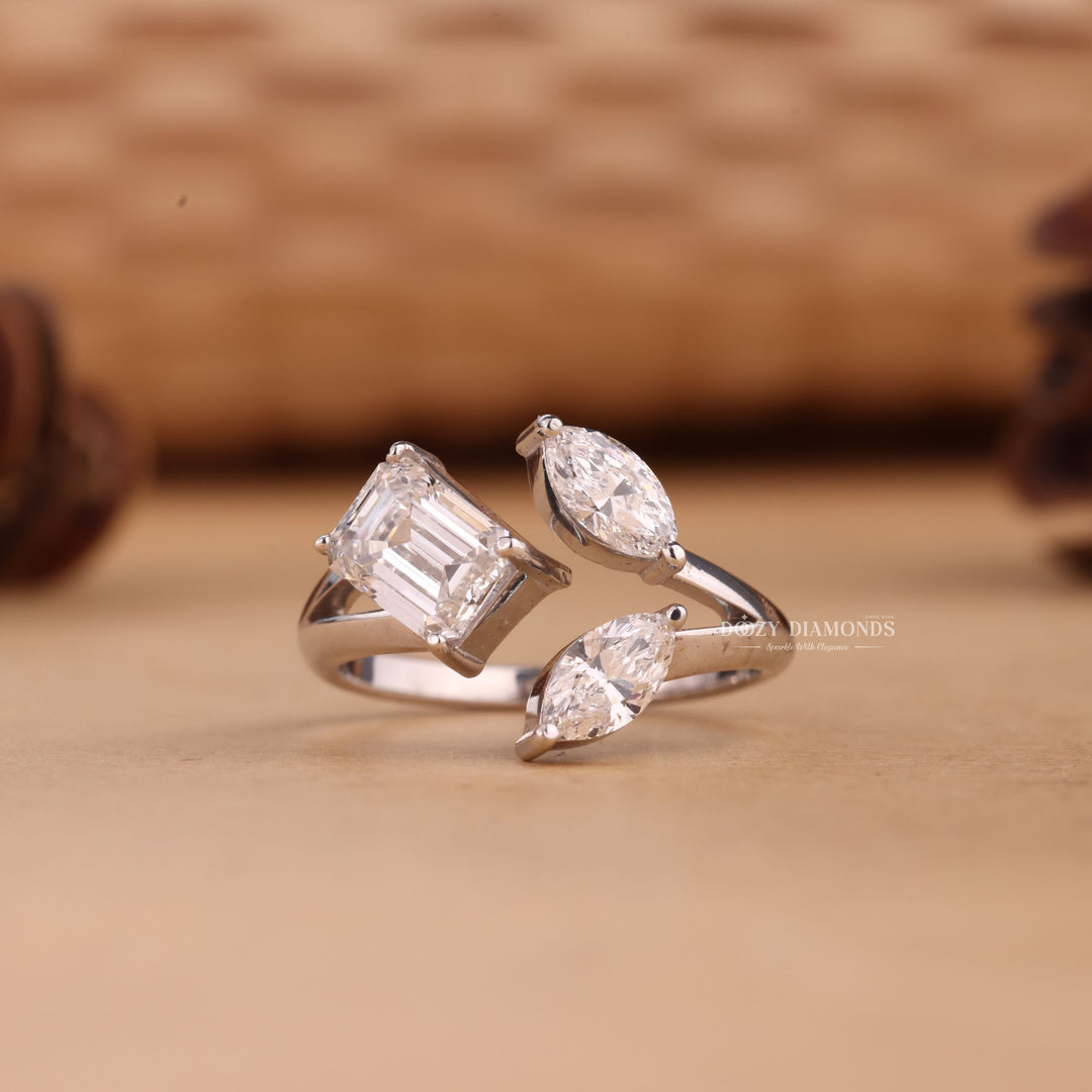 Marquise & Emerald Cut E/VS2 Lab Grown Three Stone Diamond Engagement Ring