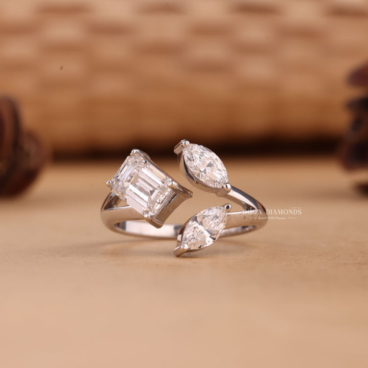 Marquise & Emerald Cut E/VS2 Lab Grown Three Stone Diamond Engagement Ring