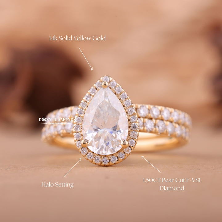 1.50CT Pear F-VS Lab Grown Diamond Halo Wedding Ring With Eternity Band