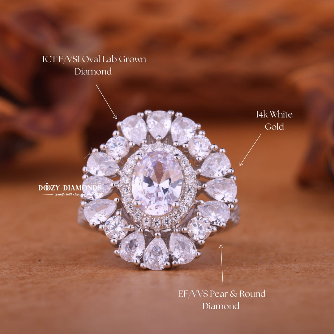 1.0CT-2.0CT Oval Halo Cluster F/VS1 Lab Grown Diamond Engagement Ring