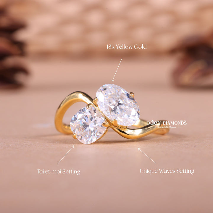 Elongated Oval & Cushion Cut Lab Grown E/VS2 Two Stone Engagement Ring