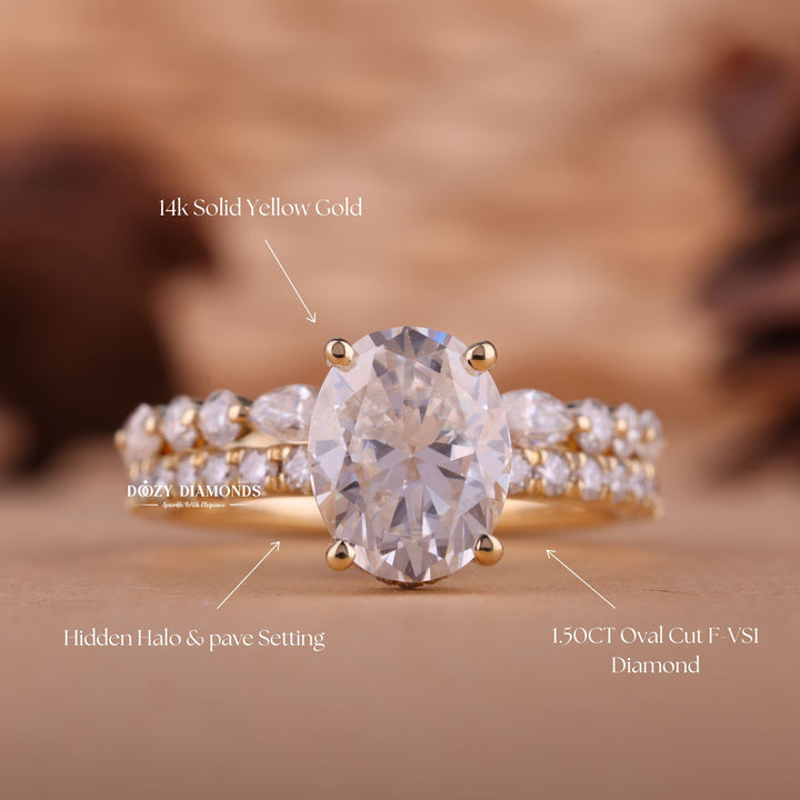 1.50CT Oval F-VS Lab Grown Diamond Hidden Halo Bridal Ring Set