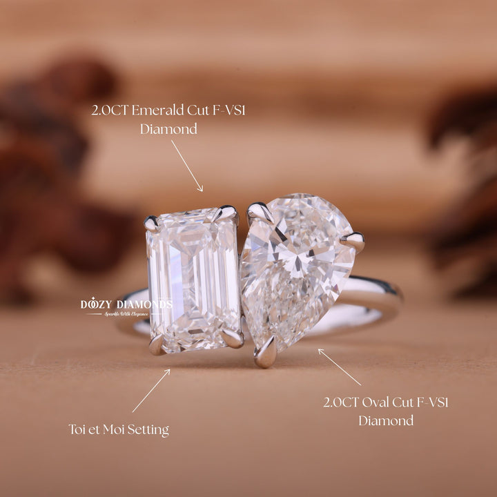 2.0CT-3.0CT Pear & Emerald E/VS2 Lab Created Diamond Toi et Moi Engagement Ring