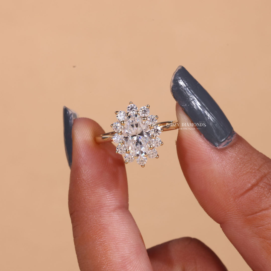 2.0CT-3.0CT Oval Cut E/VS2 Lab Grown Diamond Floral Halo Engagement Ring