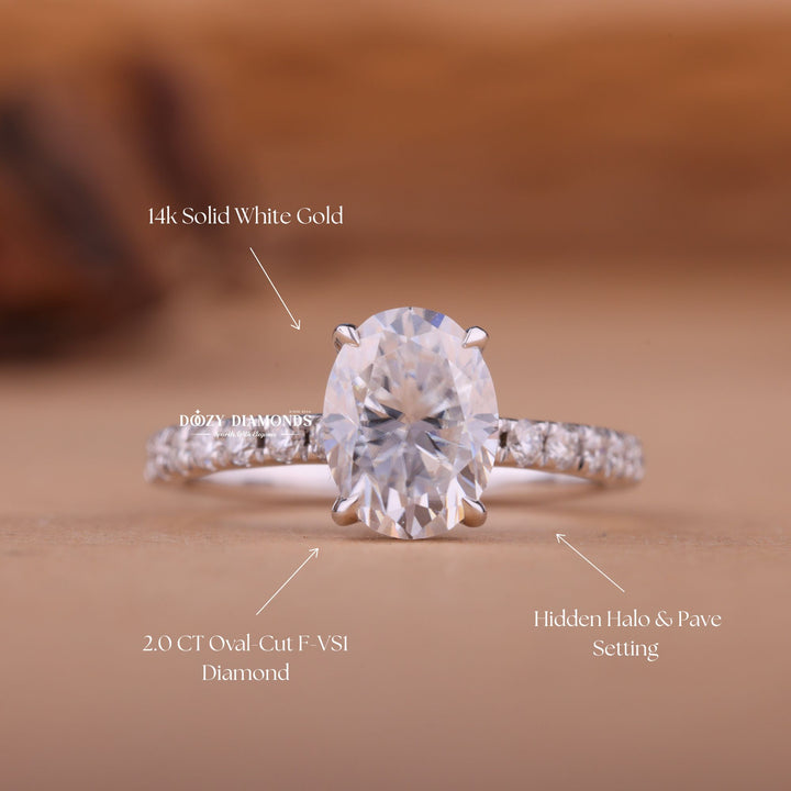 2.0CT-4.0CT Oval E/VS2 Lab Created Diamond Hidden Halo Engagement Ring