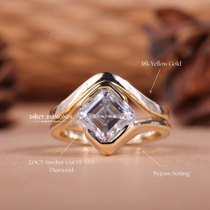 2.0CT Asscher F-VS1 Lab Grown Diamond Bypass Wedding Ring With Curved Band