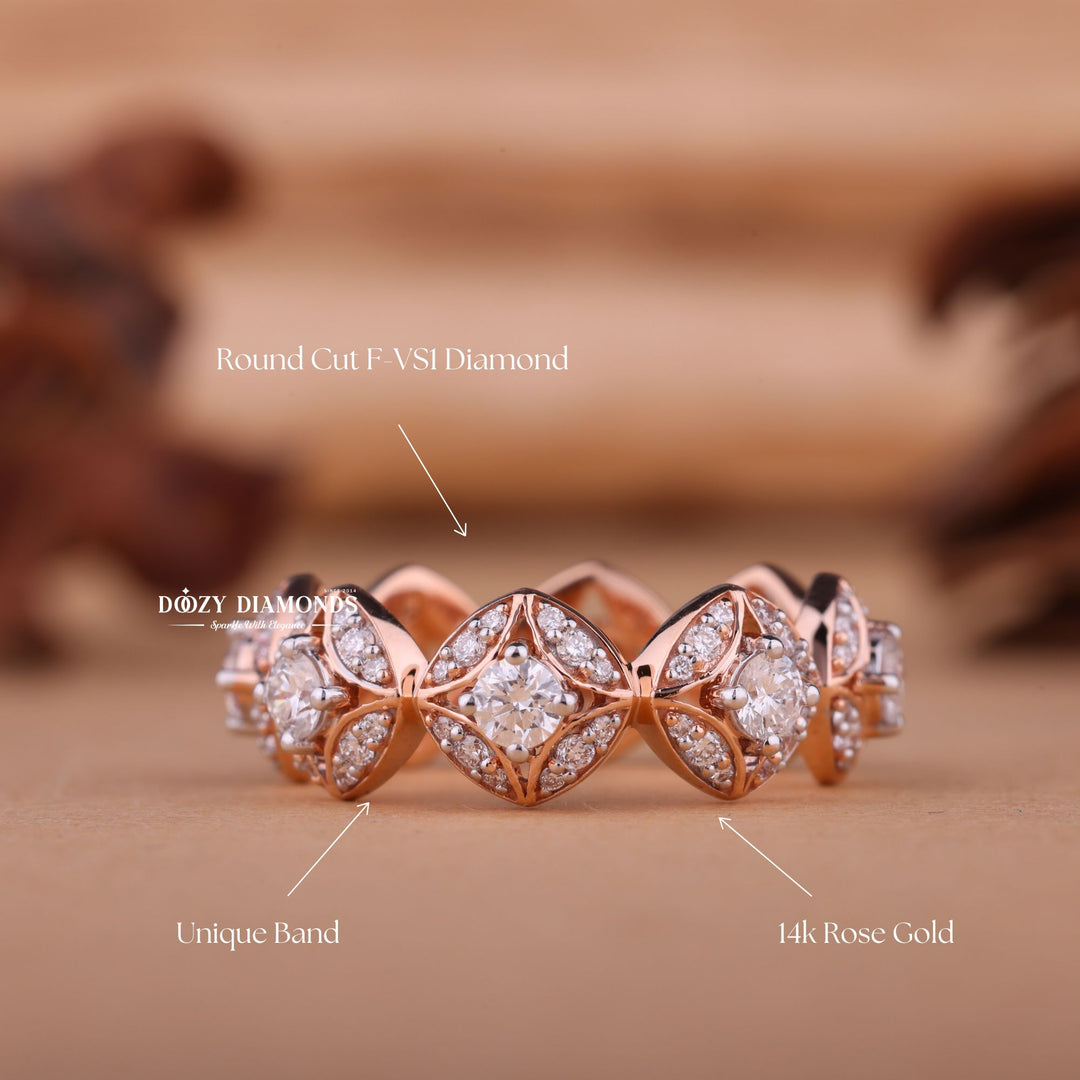 Round EF/VVS Diamond Lab Grown Unique Flower Shape Wedding Band