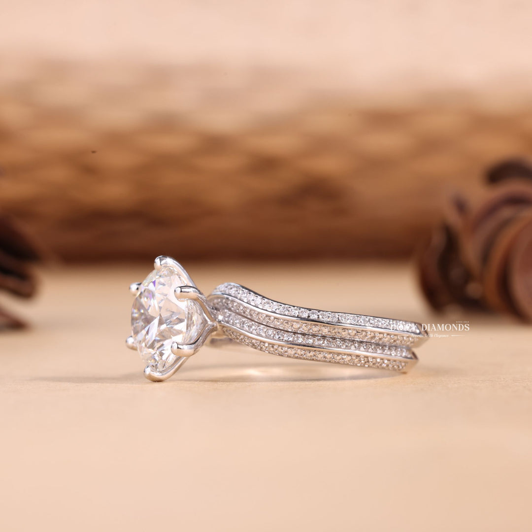 2.0CT Round Cut EF-VS2 Lab Grown Pave Engagement Ring with Stacking Curved Wedding Band