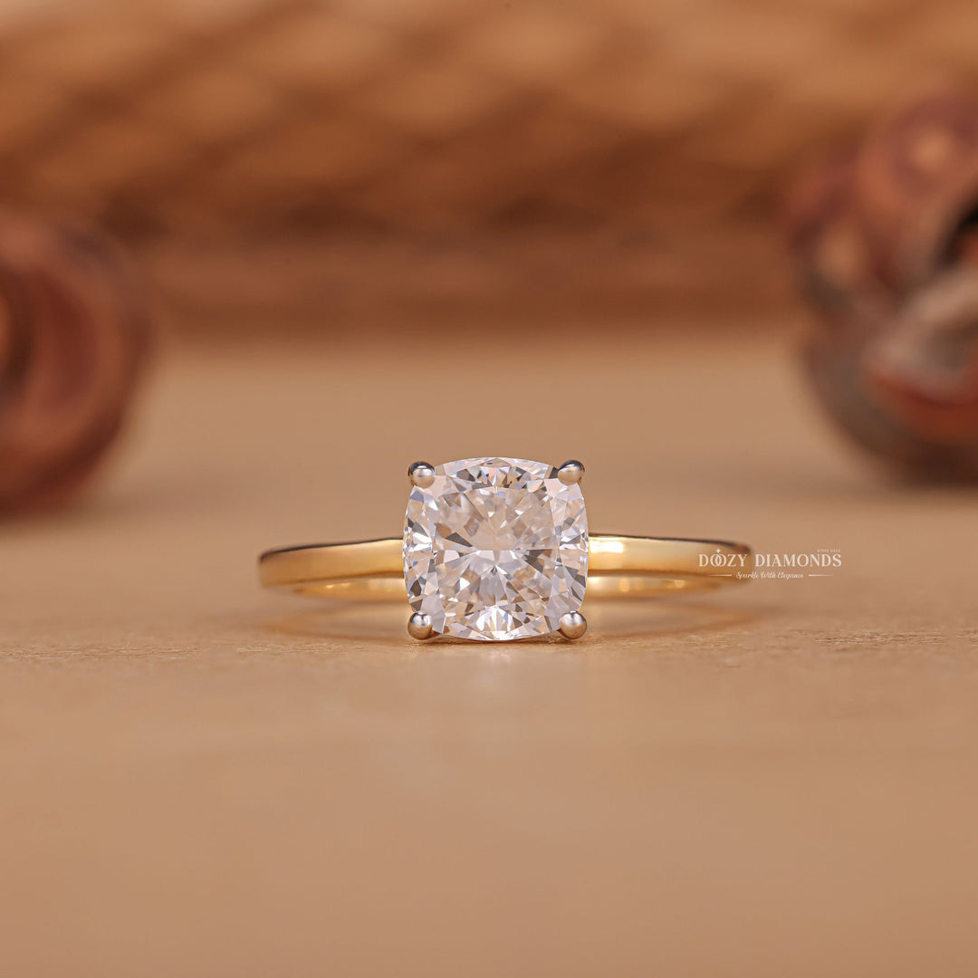 1.0CT Cushion F/VS2 Lab Grown Solitaire Diamond Yellow Gold Engagement Ring