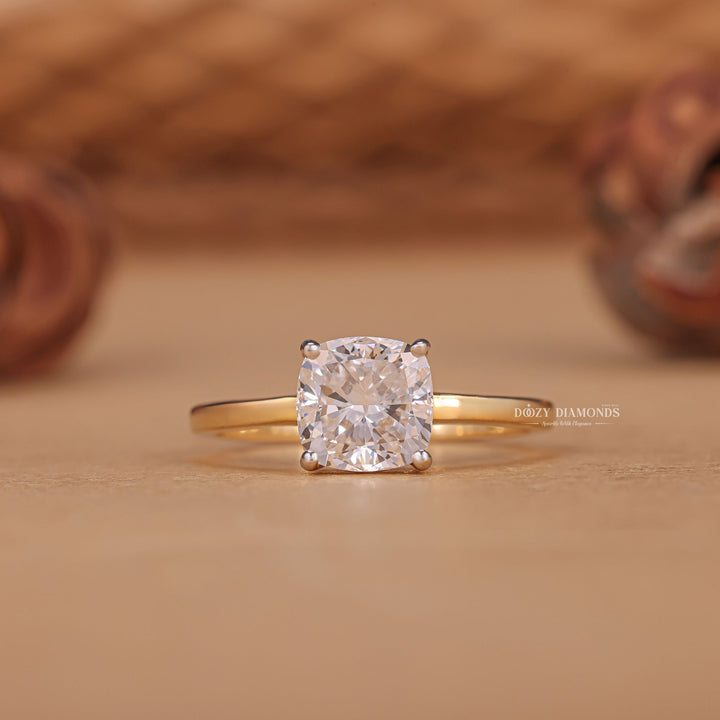 1.0CT Cushion F/VS2 Lab Grown Solitaire Diamond Yellow Gold Engagement Ring