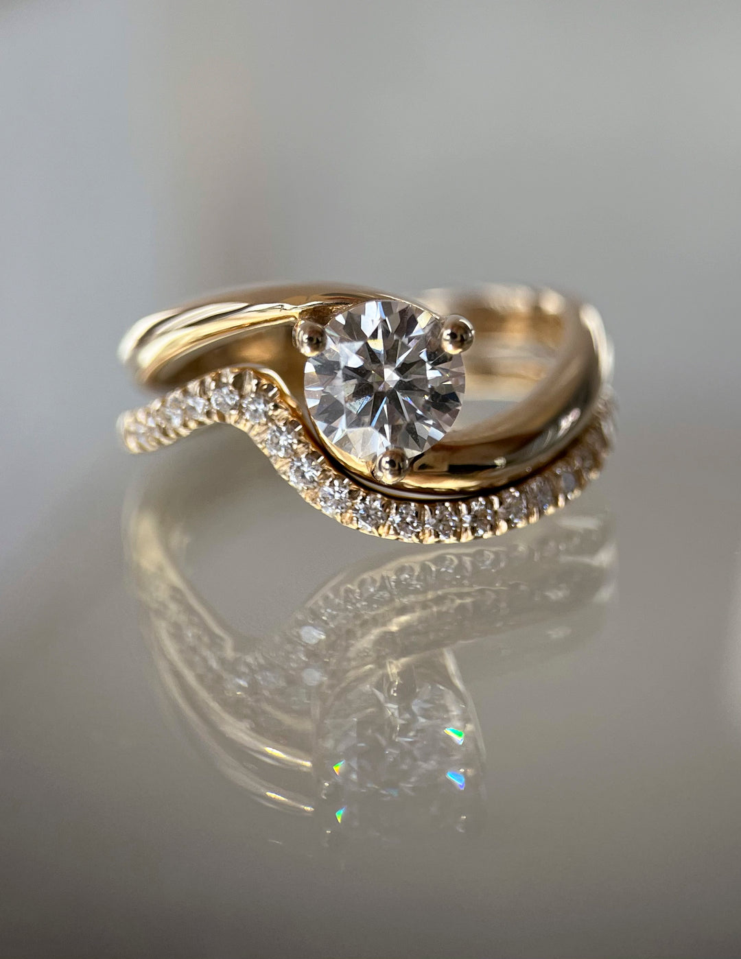 1.0CT Round E-VS Lab Grown Bypass Wedding Ring Set With Classic Band