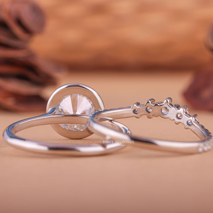 Round cut bridal set with bezel set band, Round cut bridal set with twist band, Round cut bridal set with curved band, Round cut bridal set with matching his and hers bands, 