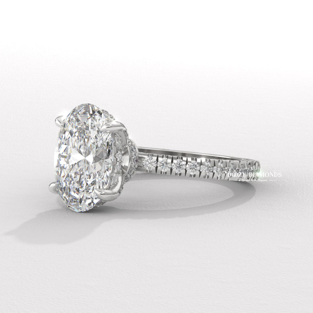 Unique three-sided pavé design
Sparkling oval pavé ring
Intricate pavé engagement ring