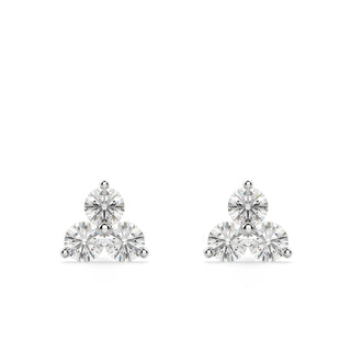 Round Cut Moissanite Diamond Three Stone Stud Earrings