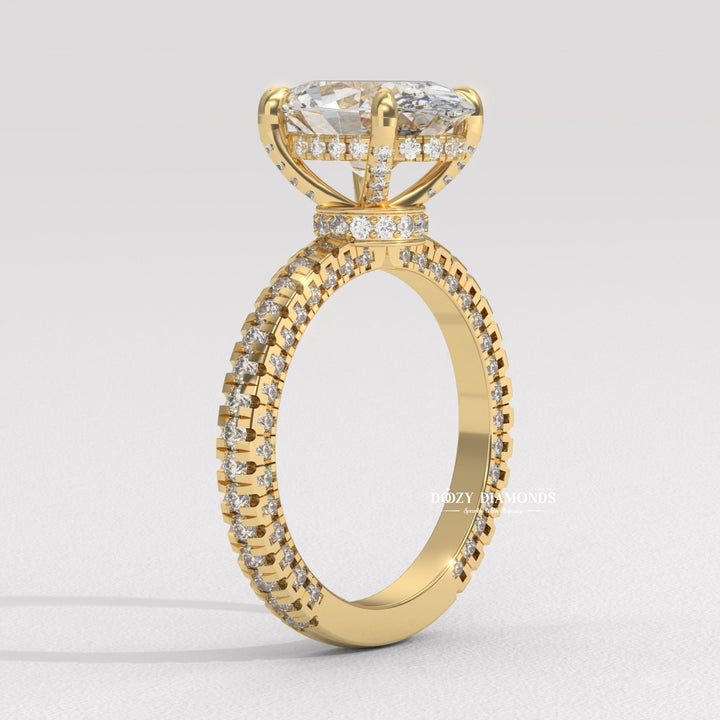 Three side pavé engagement ring
Oval diamond three row pavé band
Triple pavé band oval ring