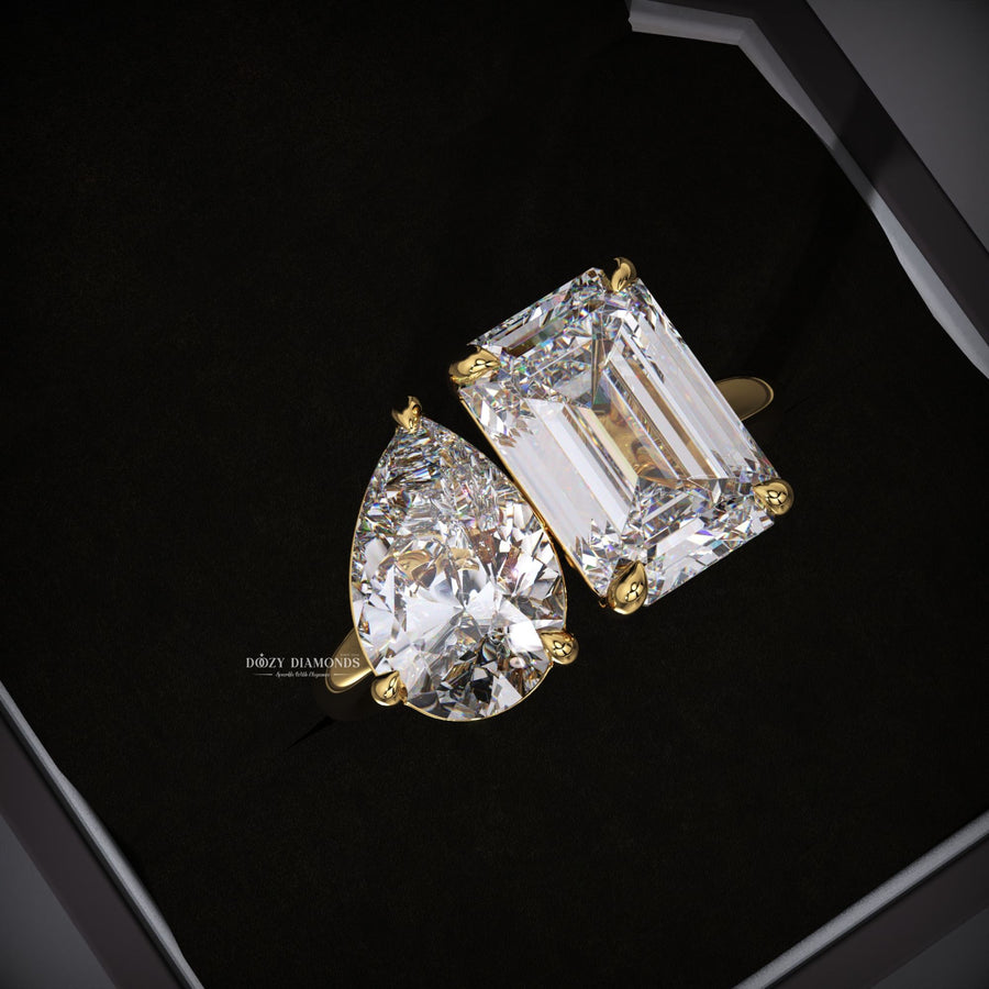 Toi et Moi, Pear Cut Diamond, Emerald Cut, Two Stone Ring, Engagement Ring, Pear and Emerald, Bypass Ring,
