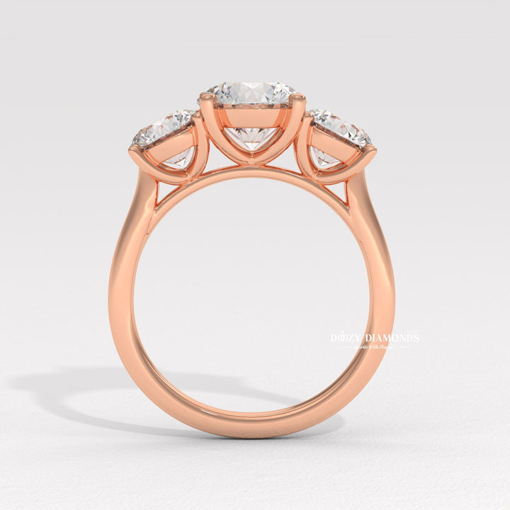 Round diamond side stone setting
Ethical lab diamond engagement ring
Sustainable three stone diamond ring