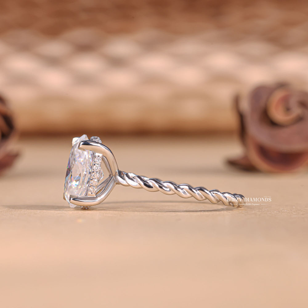 Twisted diamond ring in 14K white gold, Oval cut twist engagement rings for sale, Custom braided engagement rings with hidden halo, 