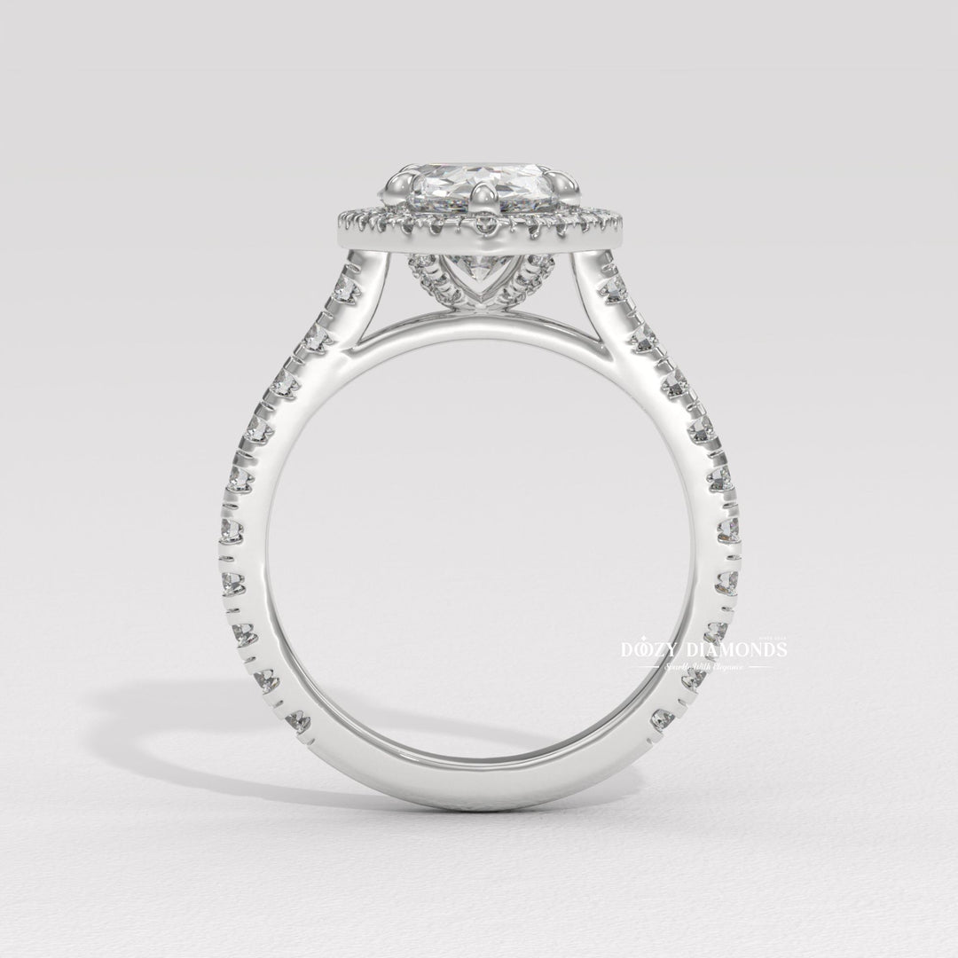 Elongated radiant cut ring
Modern engagement ring
Classic halo ring
Diamond halo setting
