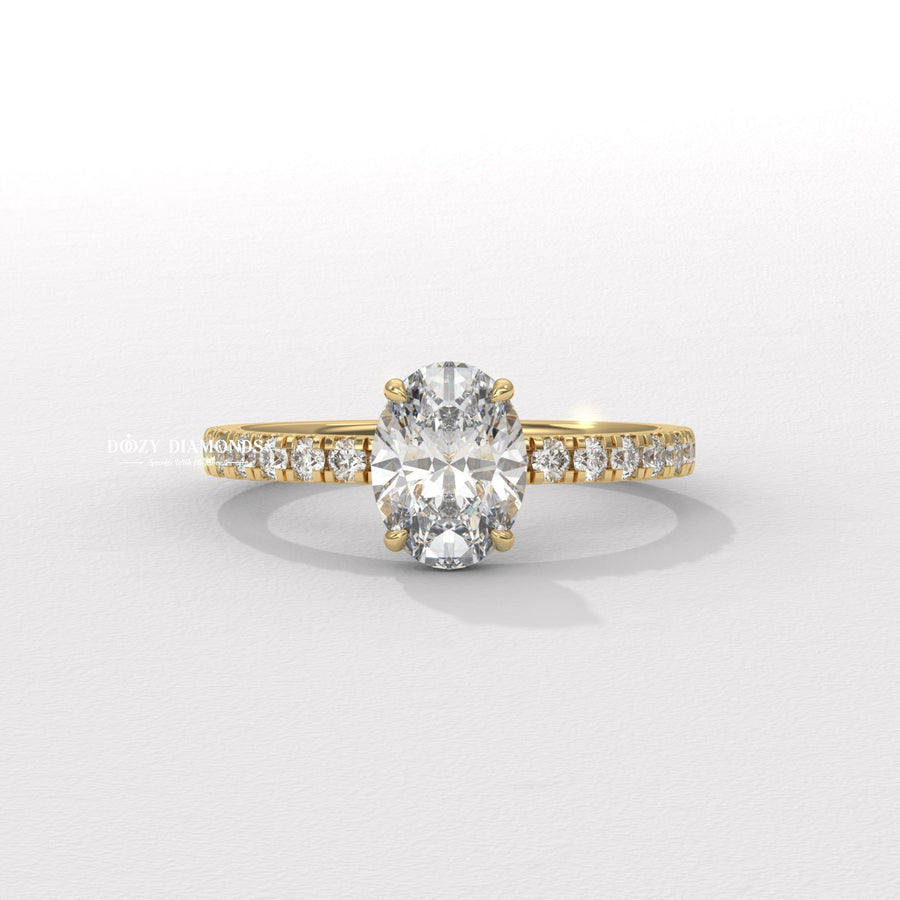 Oval cut hidden halo ring
Hidden halo oval engagement ring
Secret halo lab diamond ring