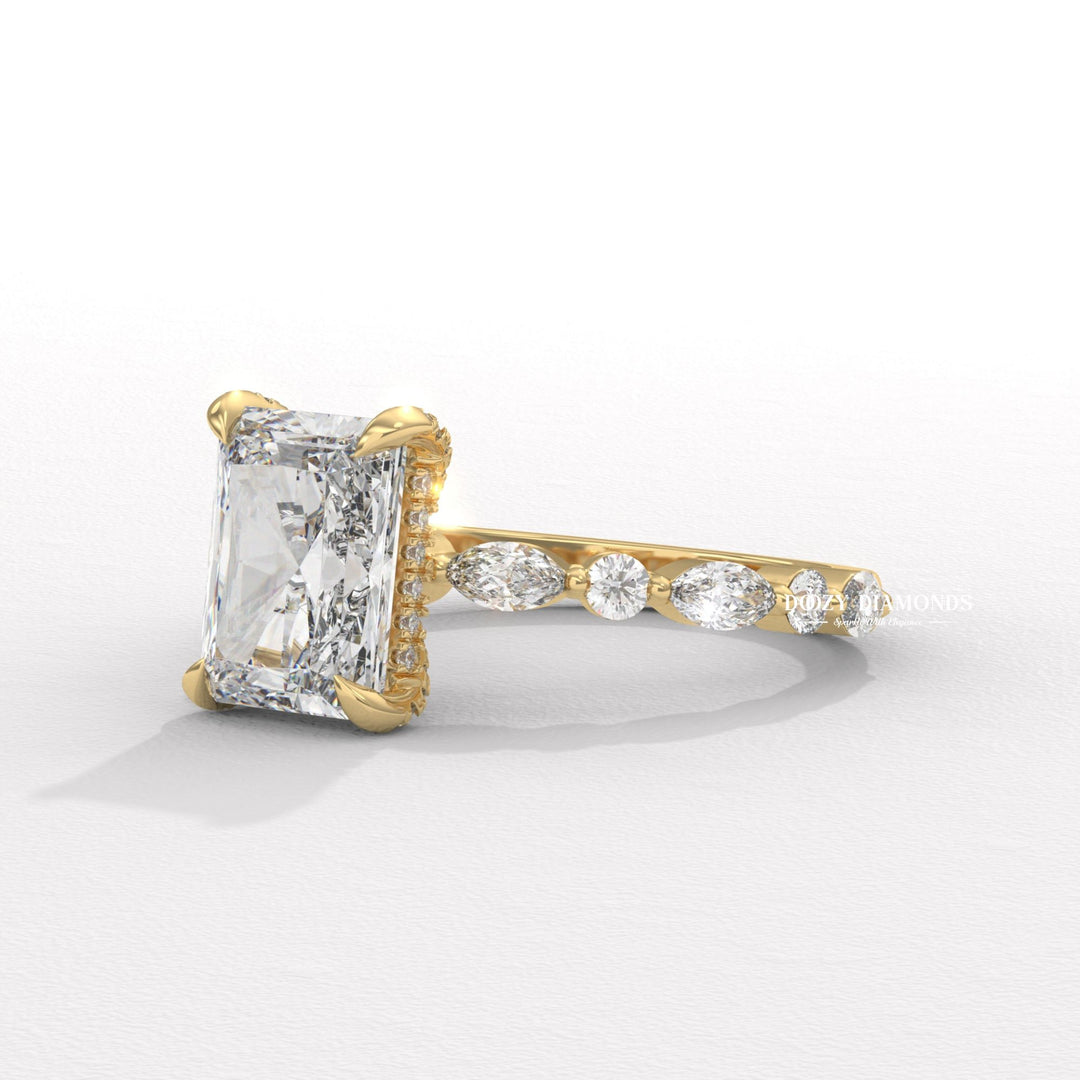 Marquise shaped pavé band
Elongated radiant cut diamond ring
Unique marquise pavé setting
Radiant solitaire with marquise accents