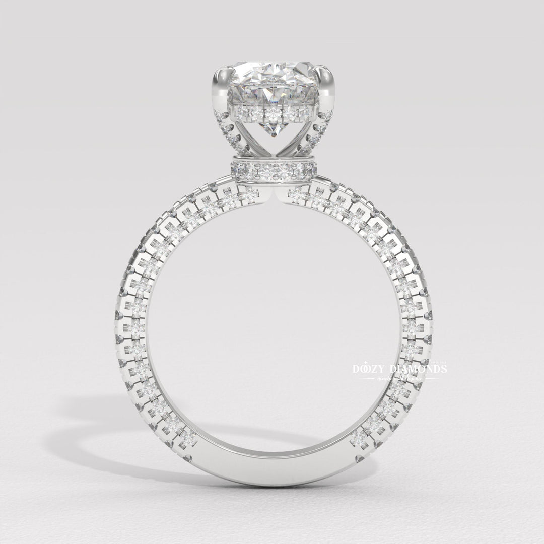 Micro pavé oval engagement ring
Oval solitaire with pavé accents
Unique three-sided pavé design
Sparkling oval pavé ring