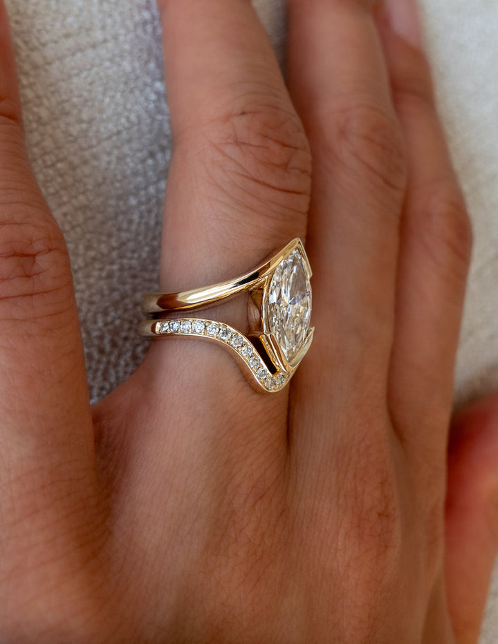 2.0CT Half Bezel Marquise F-VS Lab Grown Wedding Ring with Curved Band