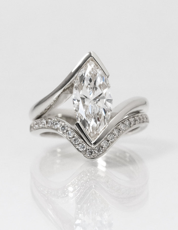 2.0CT Half Bezel Marquise F-VS Lab Grown Wedding Ring with Curved Band