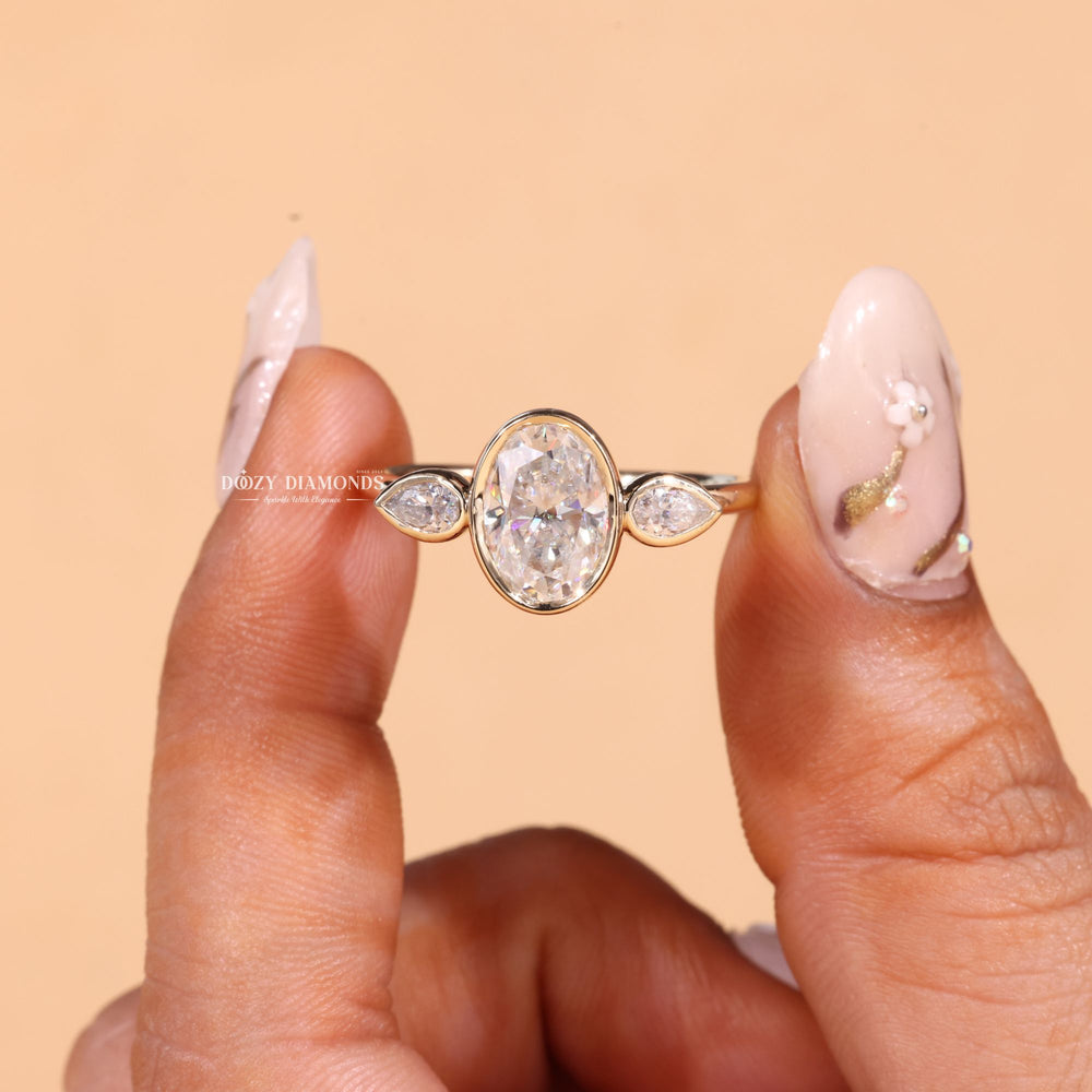 3.0CT - 4.0CT Bezel Set Oval Cut F/VS1 Lab Grown Diamond Trilogy Engagement Ring - Doozy Diamonds