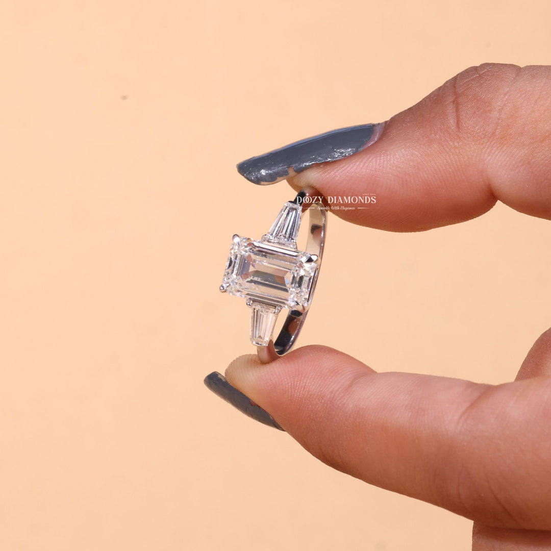 3.0CT - 4.0CT Emerald Cut F/VS1 Lab Grown Three Stone Diamond Engagement Ring - Doozy Diamonds