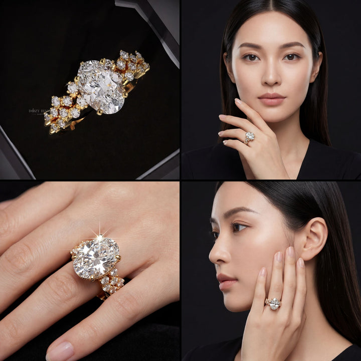 Oval Lab Grown Zig Zag Pave Engagement Ring & Matching Wedding Band